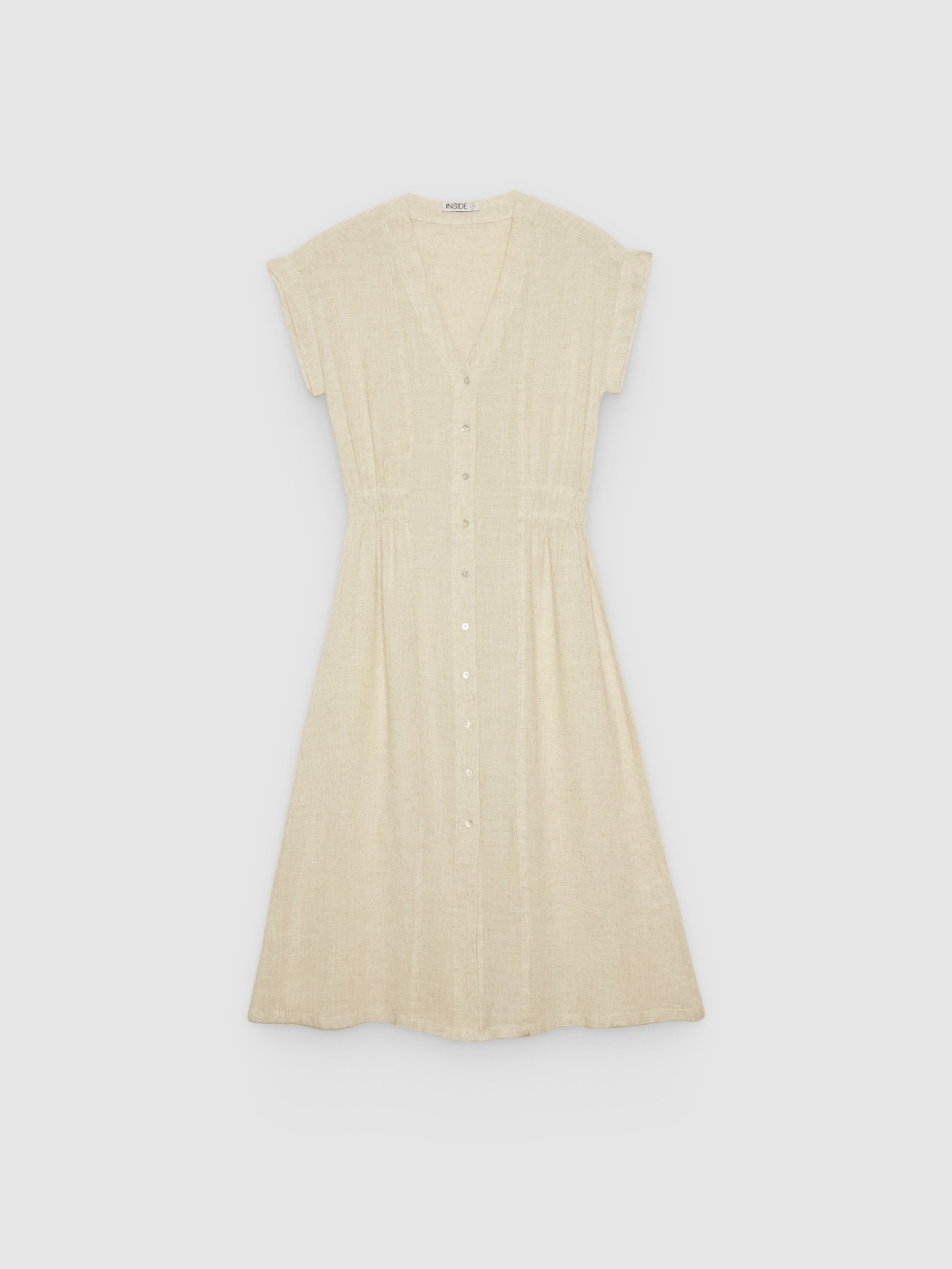 %Pto% Vestido midi de linho com carcela crua vista frontal