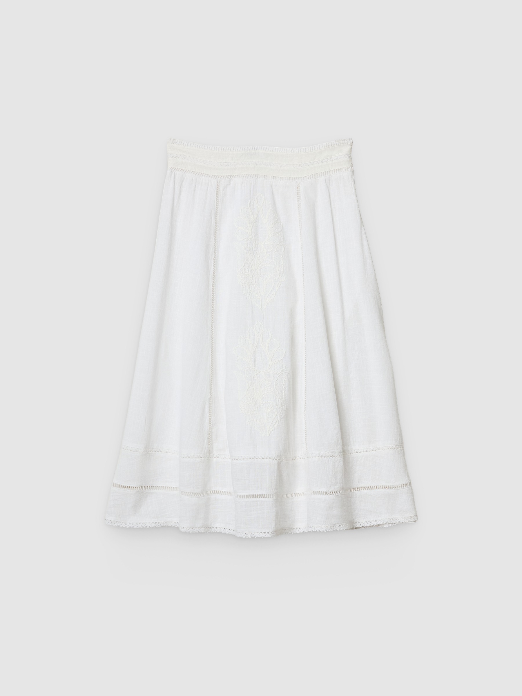 %Pto% Saia midi bordada de algodão branco vista frontal