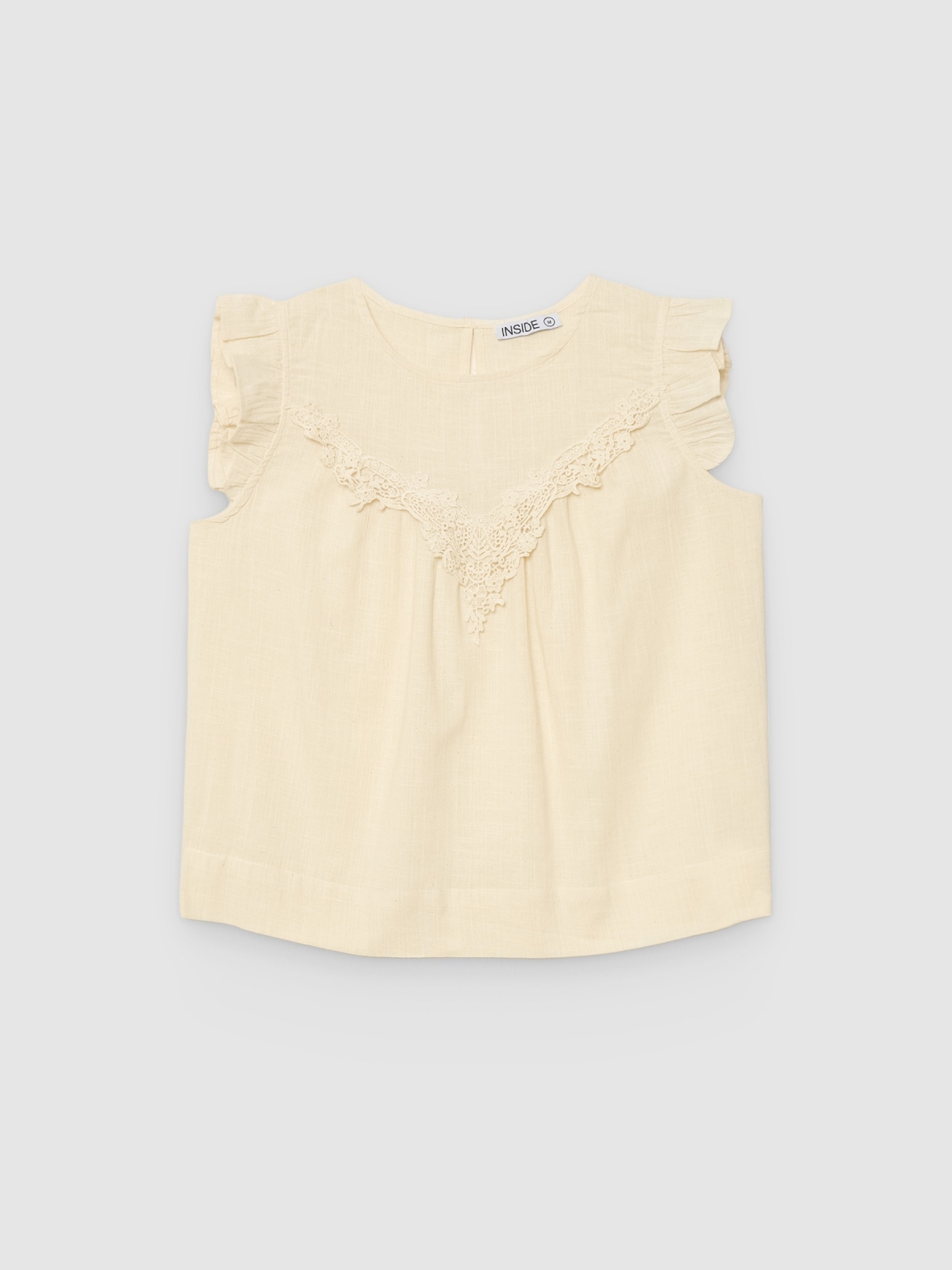 %Pto% Ruffled blouse crochet linen buttons off white front view