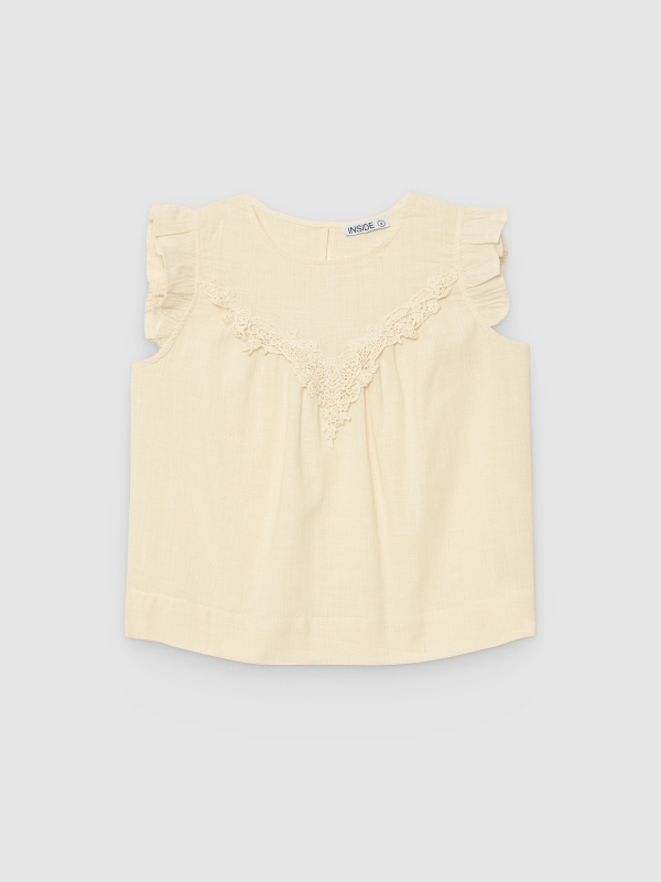  Ruffled blouse crochet linen buttons off white front view