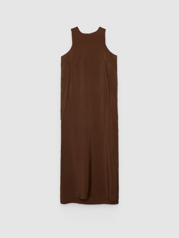  Vestido maxi liso con abertura chocolate vista frontal