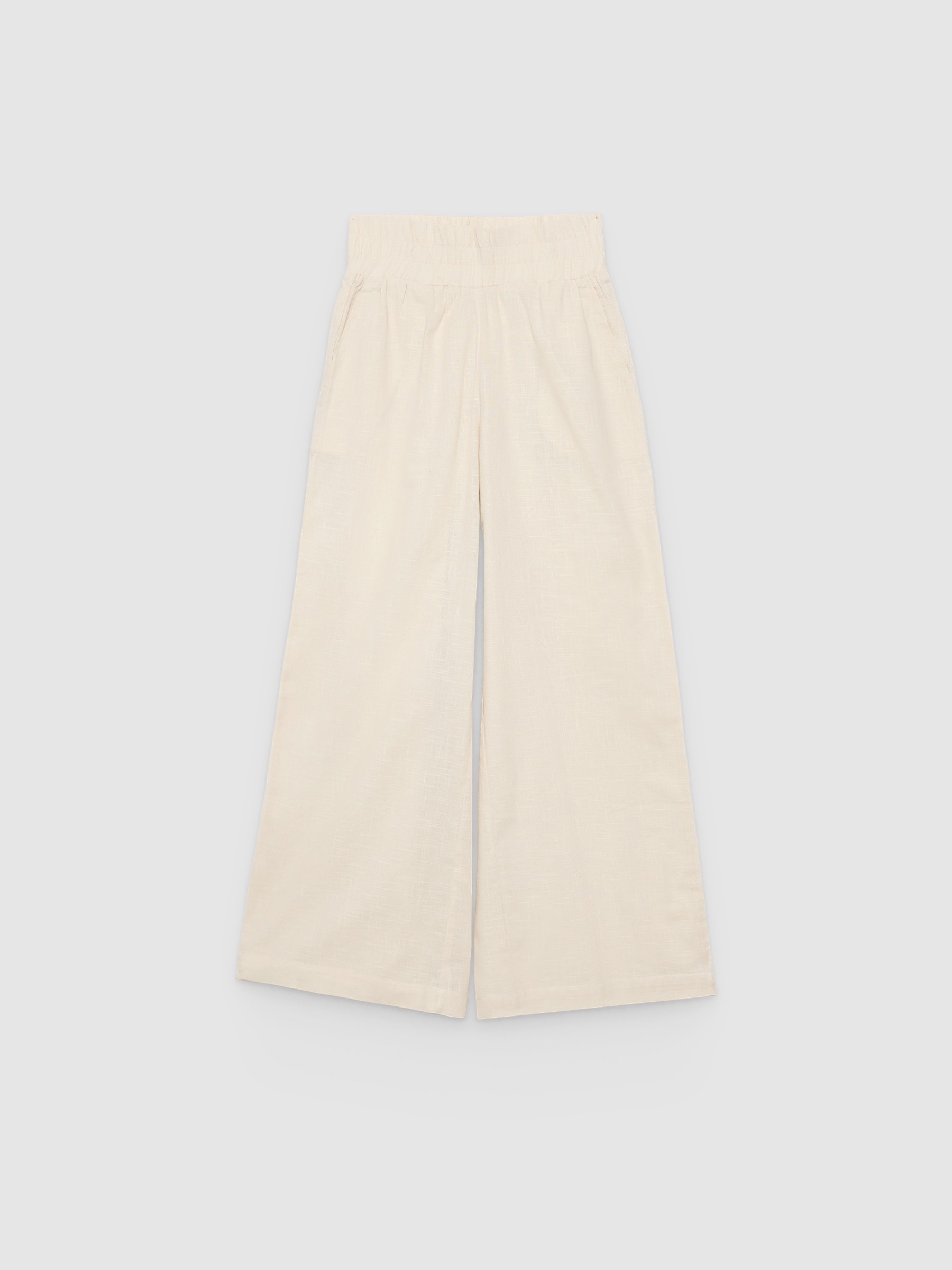 Pantalón palazzo lino elástico blanco roto vista general frontal