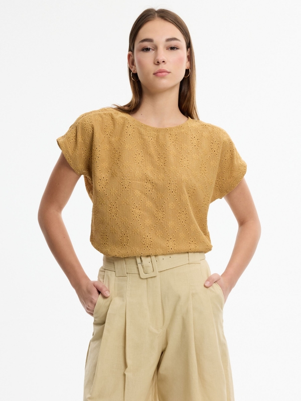 Swiss embroidered texture T-shirt amber middle front view