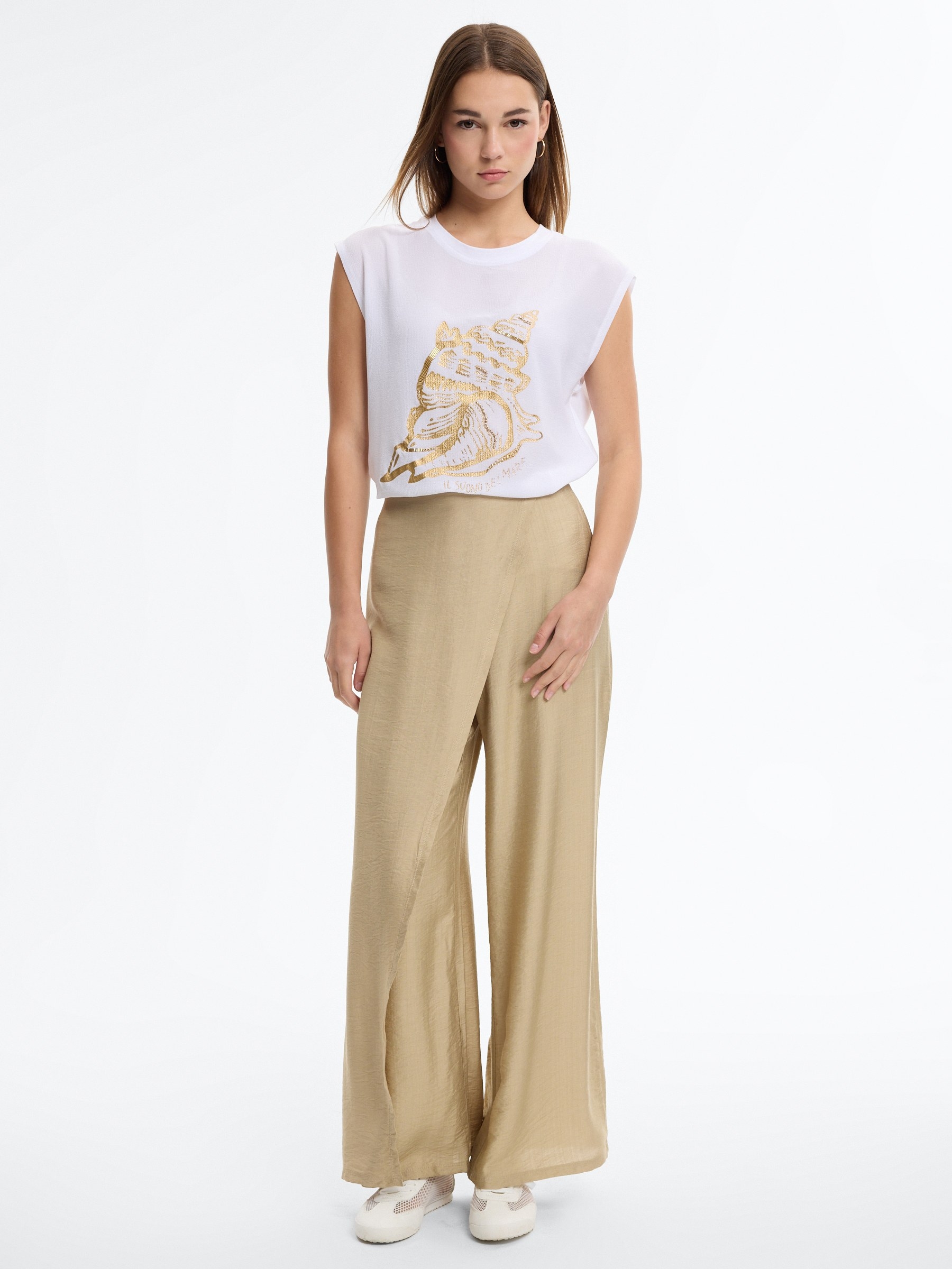 Fluid wrap pants sand front view