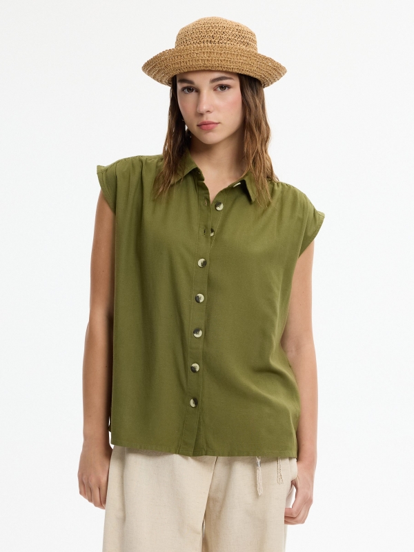 Camisa lino sin mangas verde vista media frontal