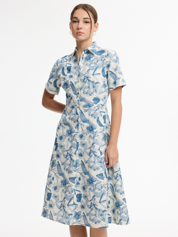 Vestido camisero midi floral blanco vista media frontal