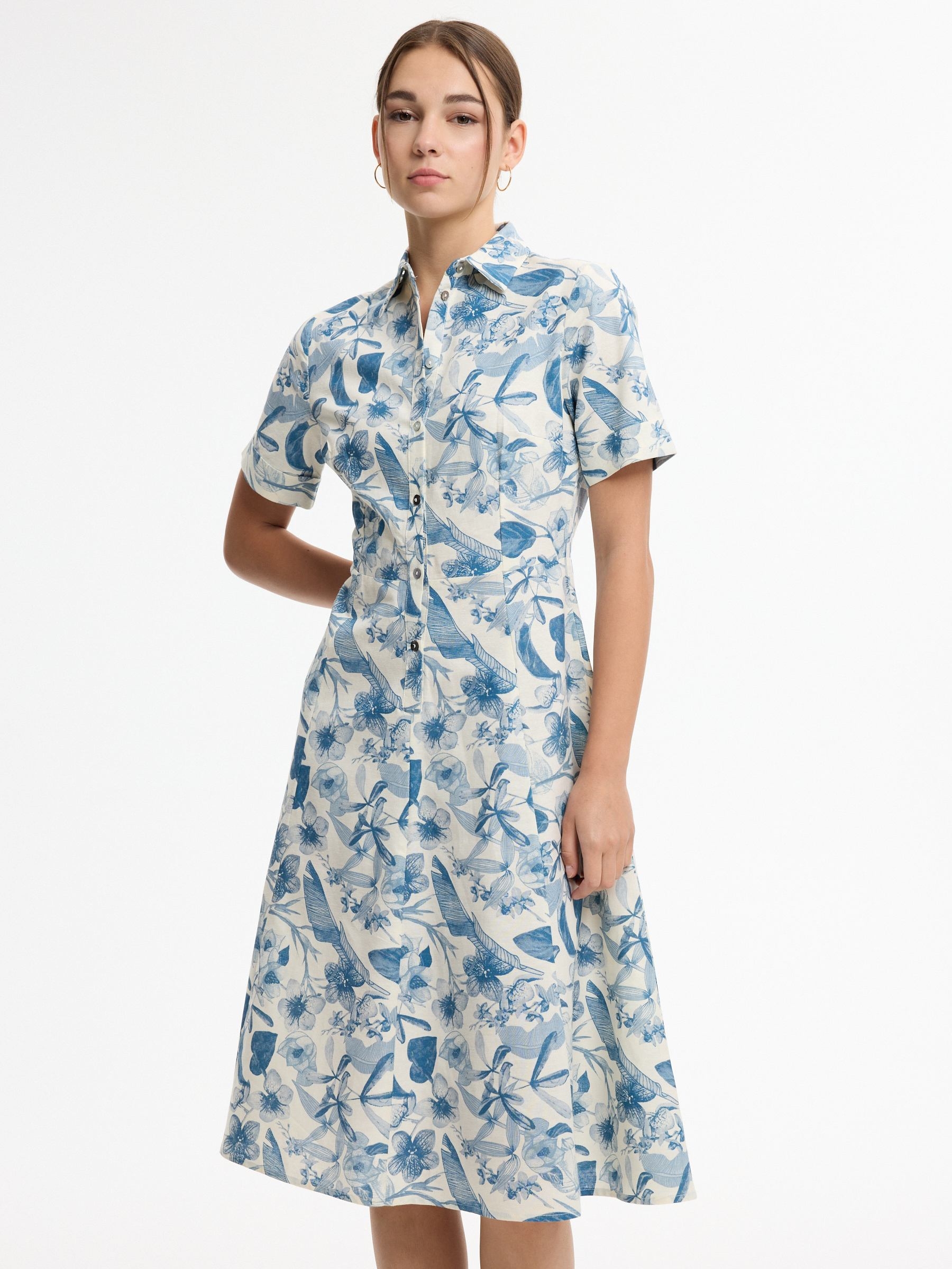 Vestido camisero midi floral blanco vista media frontal
