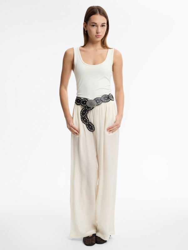 calça wide leg cintura alta bambula bege vista geral frontal