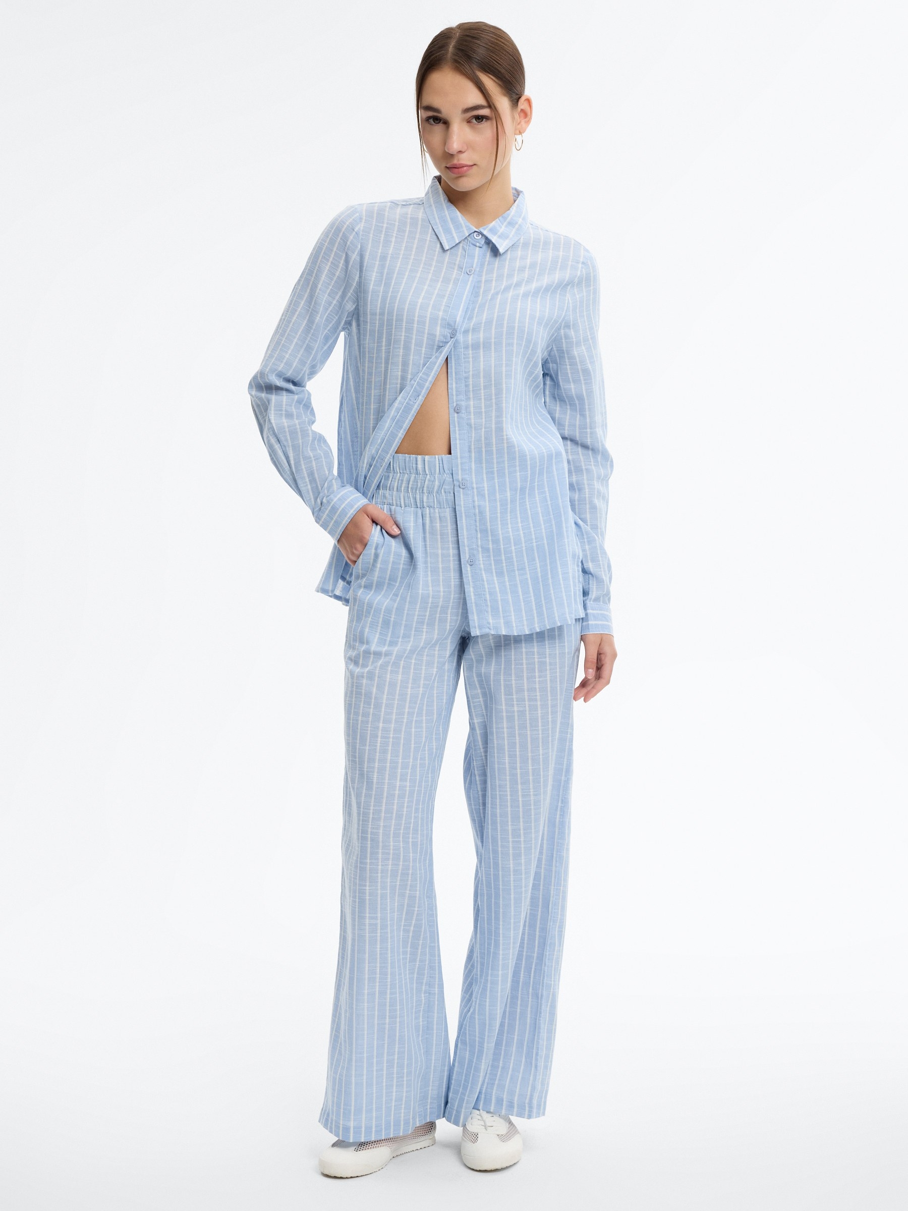 High-waisted striped wide-leg pants sky blue front view