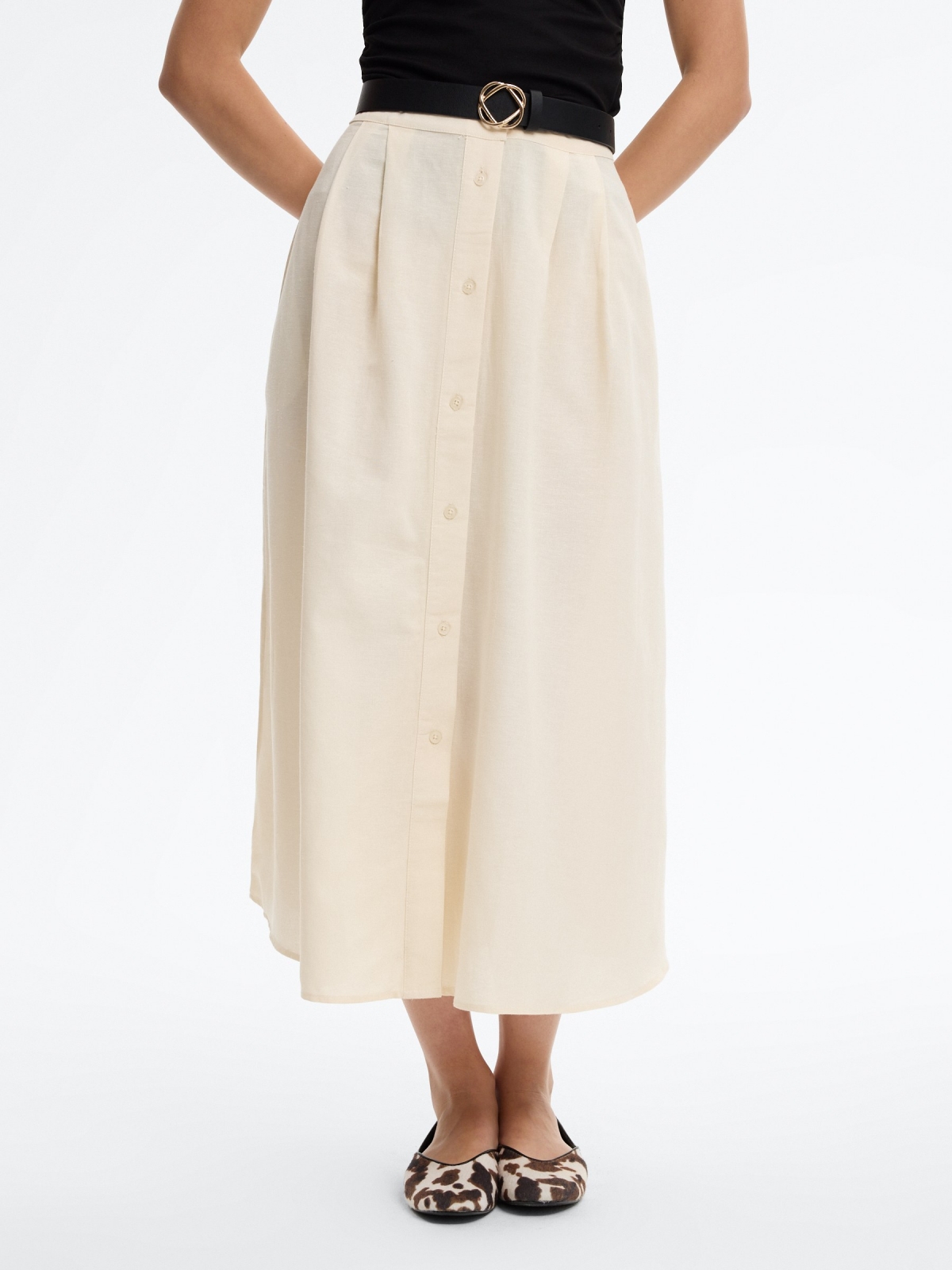 Pleated midi skirt with buttons raw middle back view