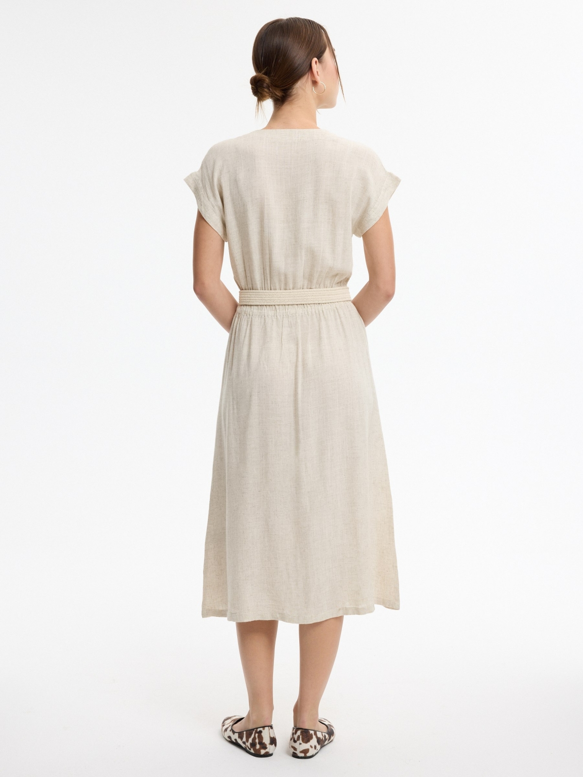 Midi linen dress with placket raw middle back view