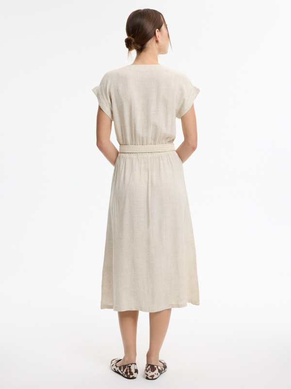 Midi linen dress with placket raw middle back view