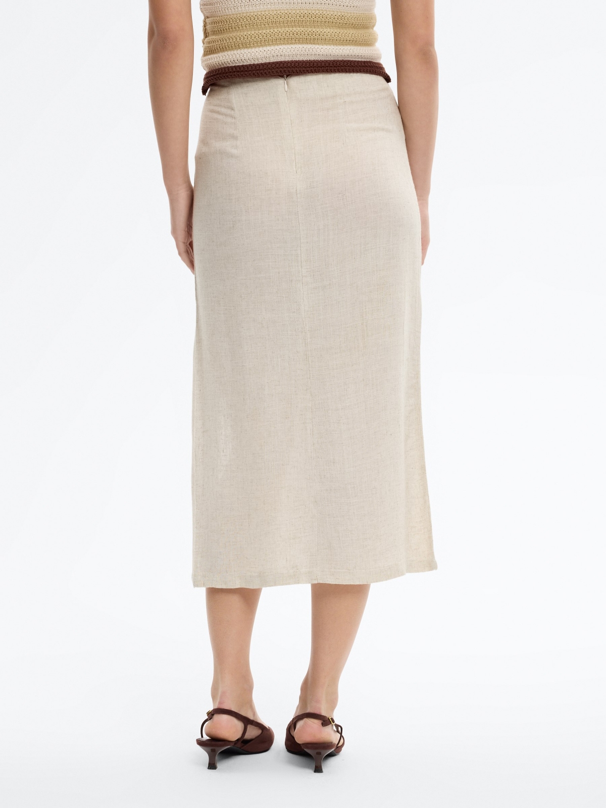 Gathered midi linen skirt with slit white front view