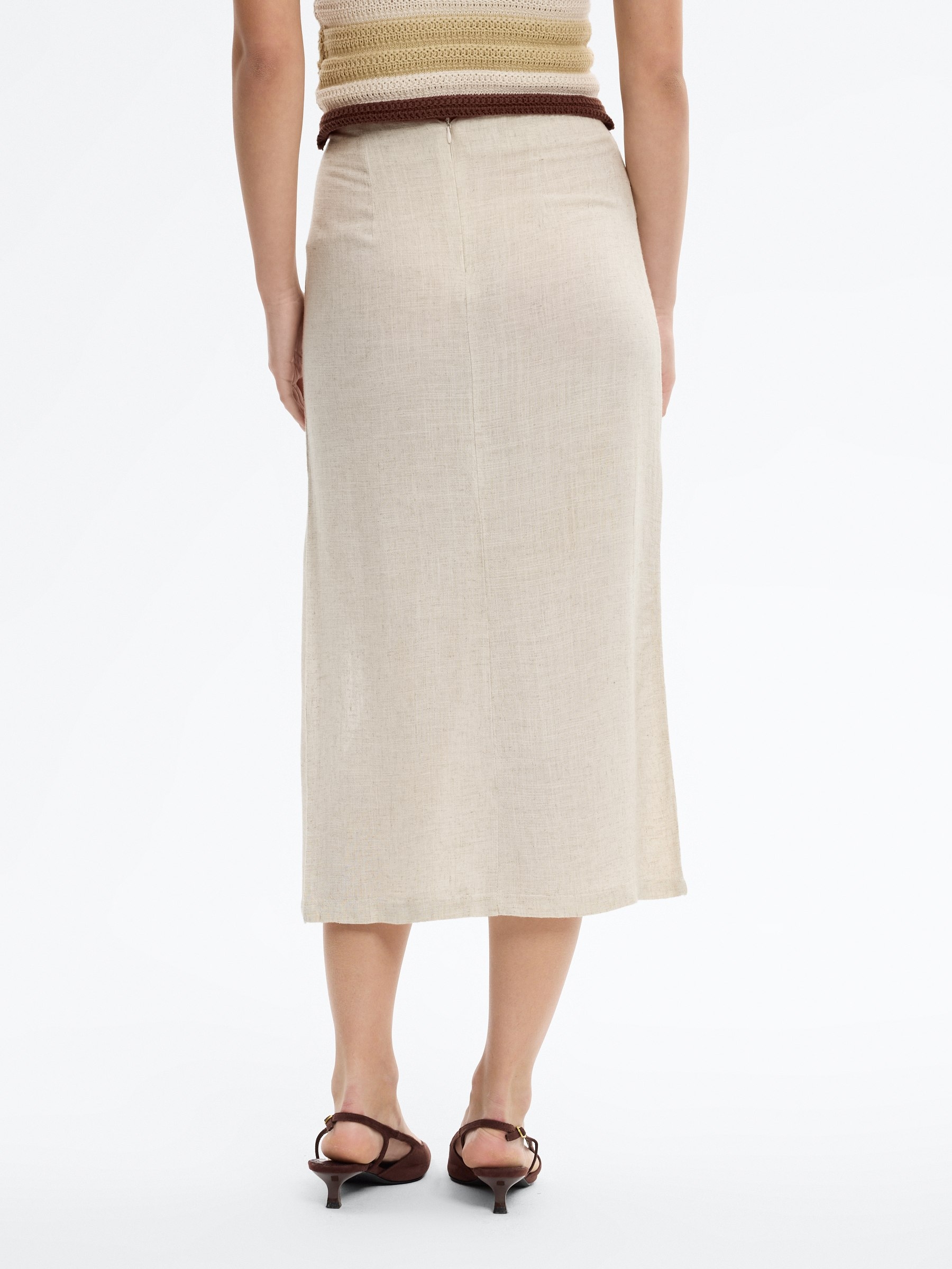 Gathered midi linen skirt with slit white middle front view