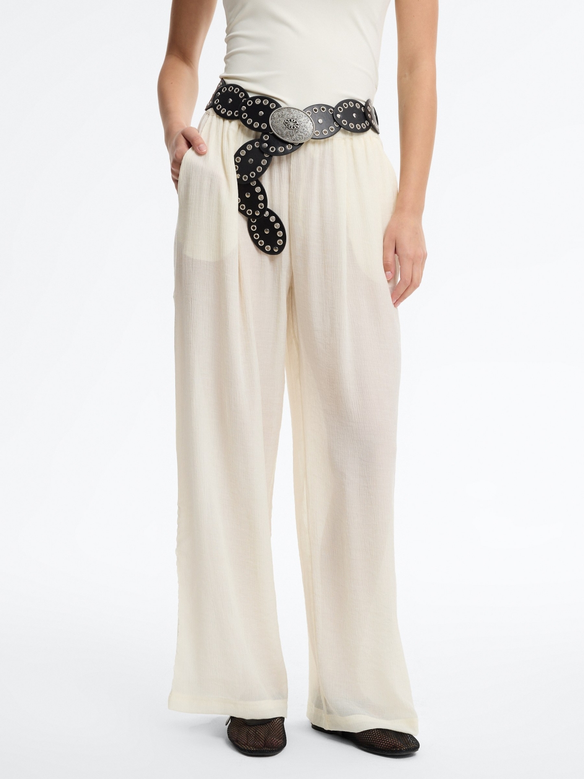 calça wide leg cintura alta bambula bege vista meia frontal