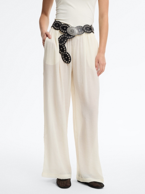 calça wide leg cintura alta bambula bege vista meia frontal