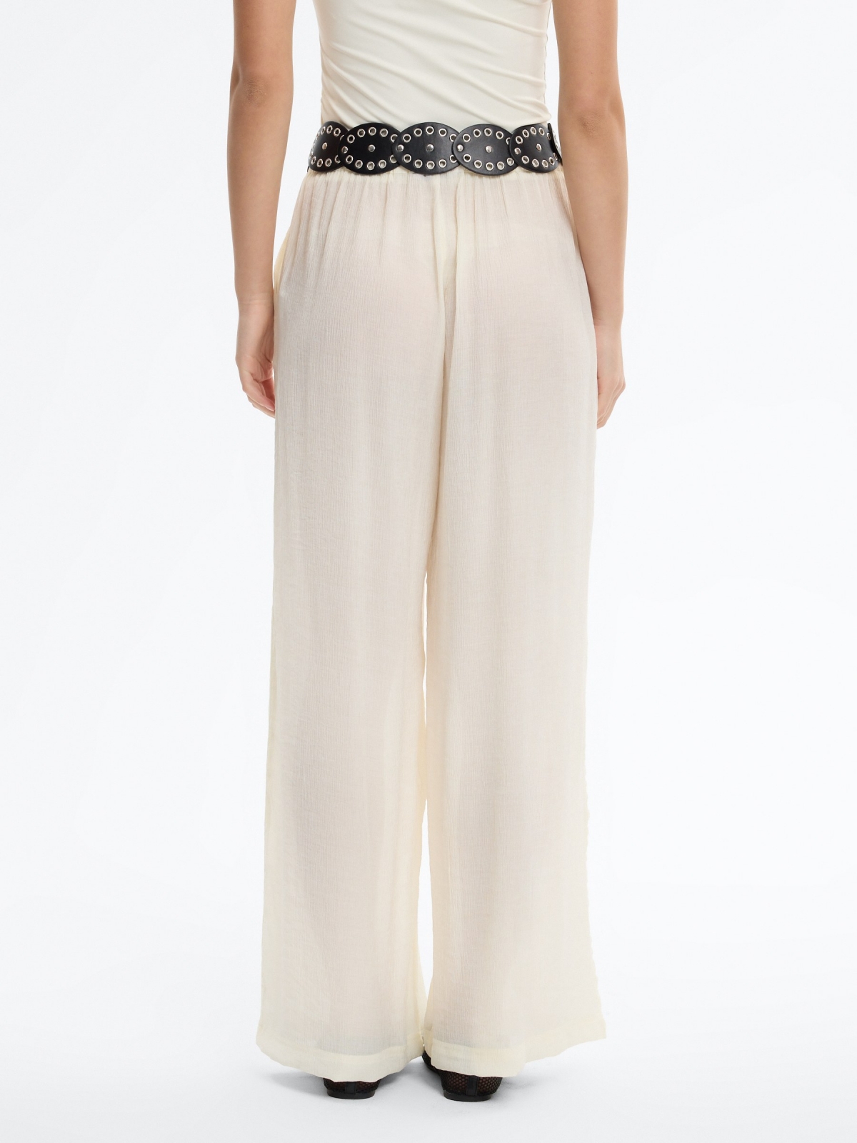 calça wide leg cintura alta bambula bege vista meia traseira