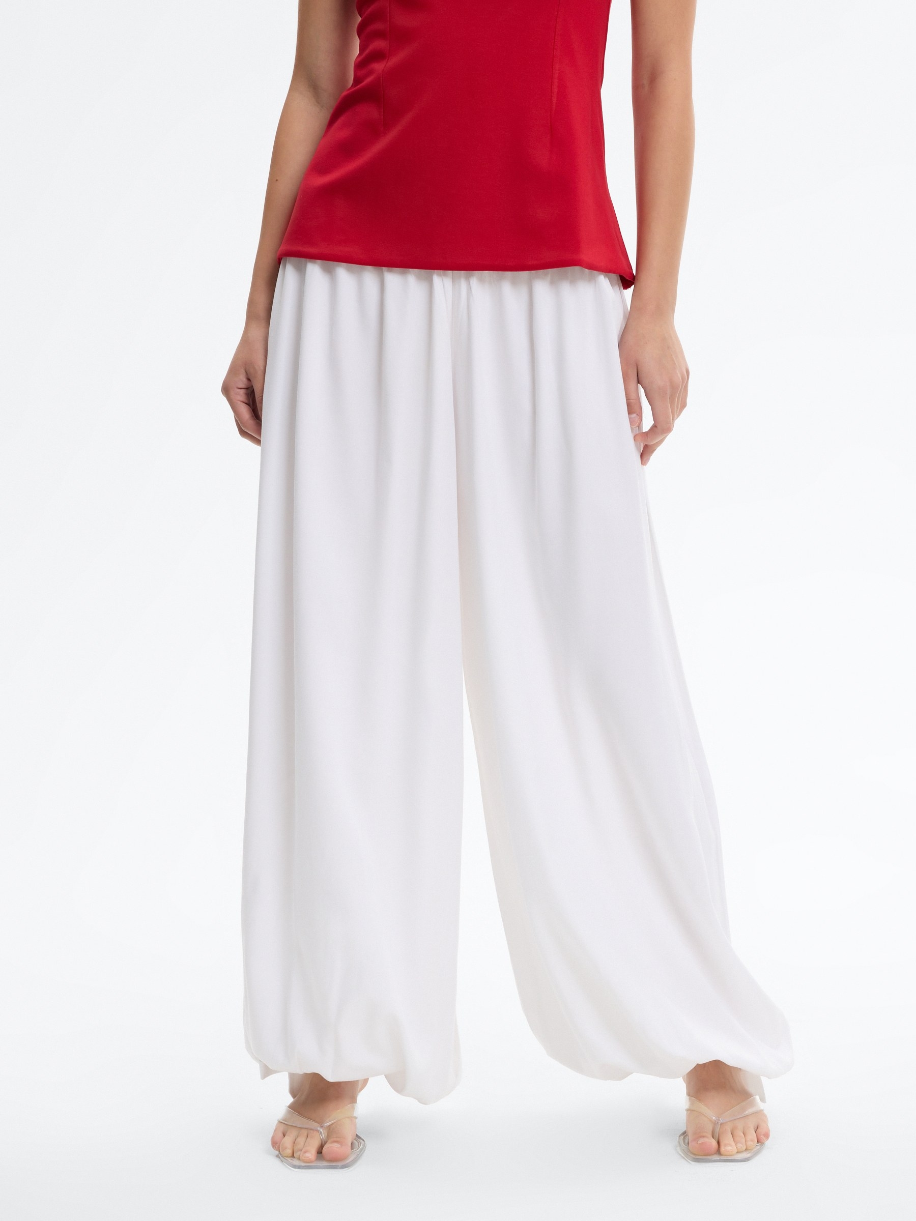 Pantalón bombacho lazos tiro alto blanco vista general frontal