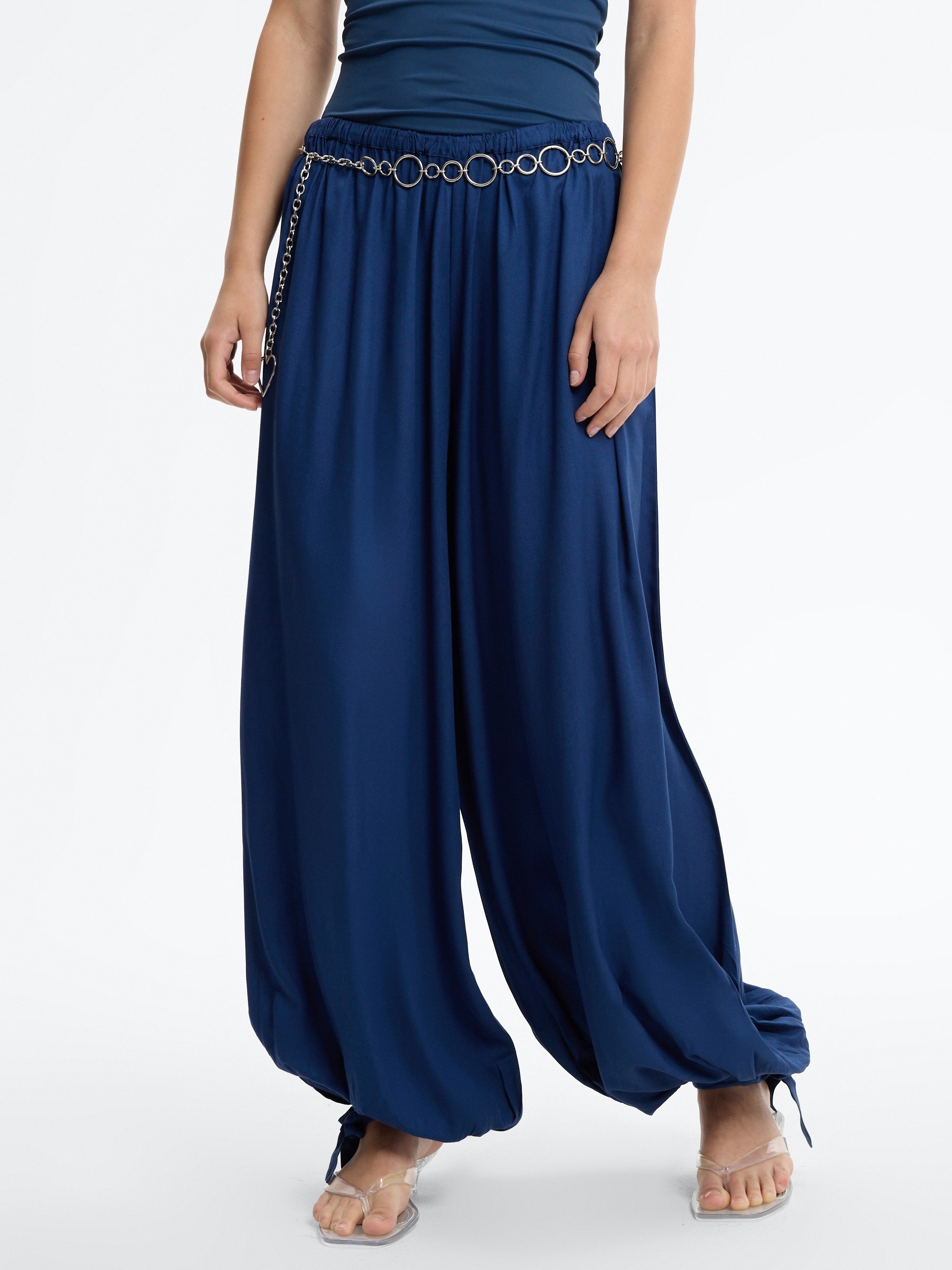 High-waisted baggy pants with bows electric blue front view