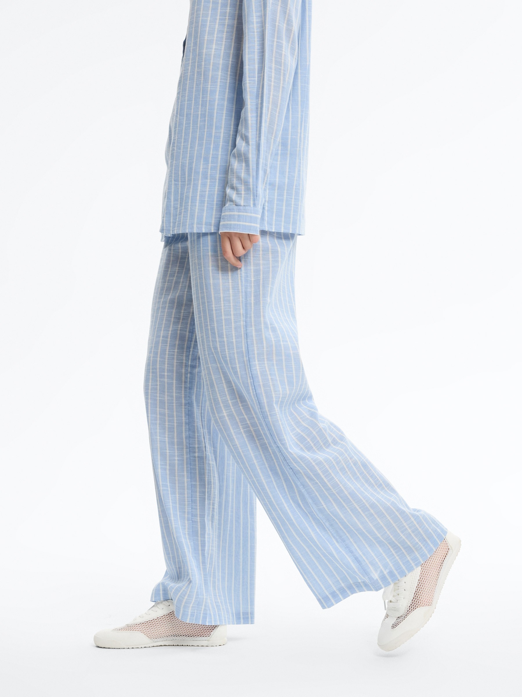 High-waisted striped wide-leg pants sky blue front view