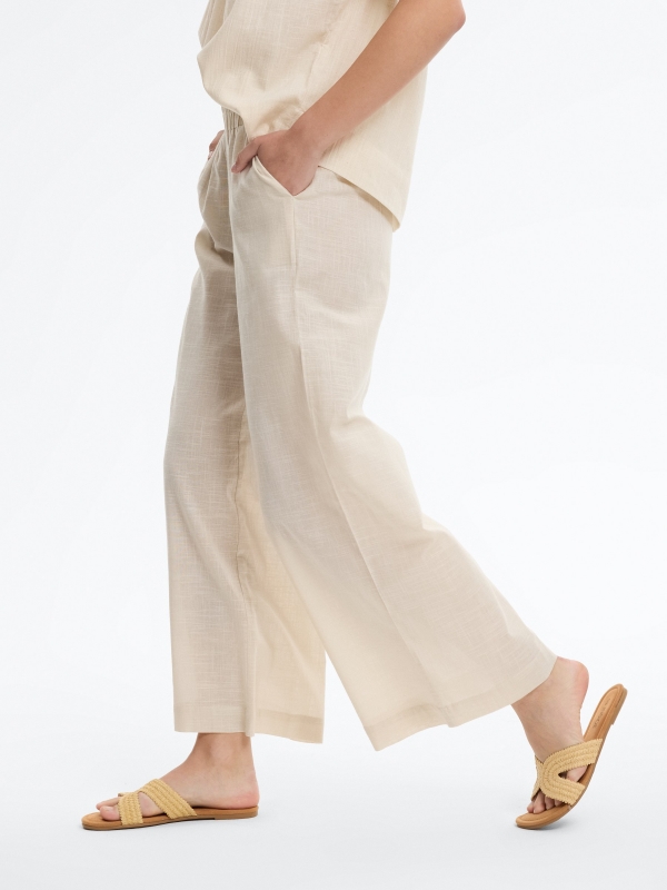 Stretch linen palazzo pants off white detail view