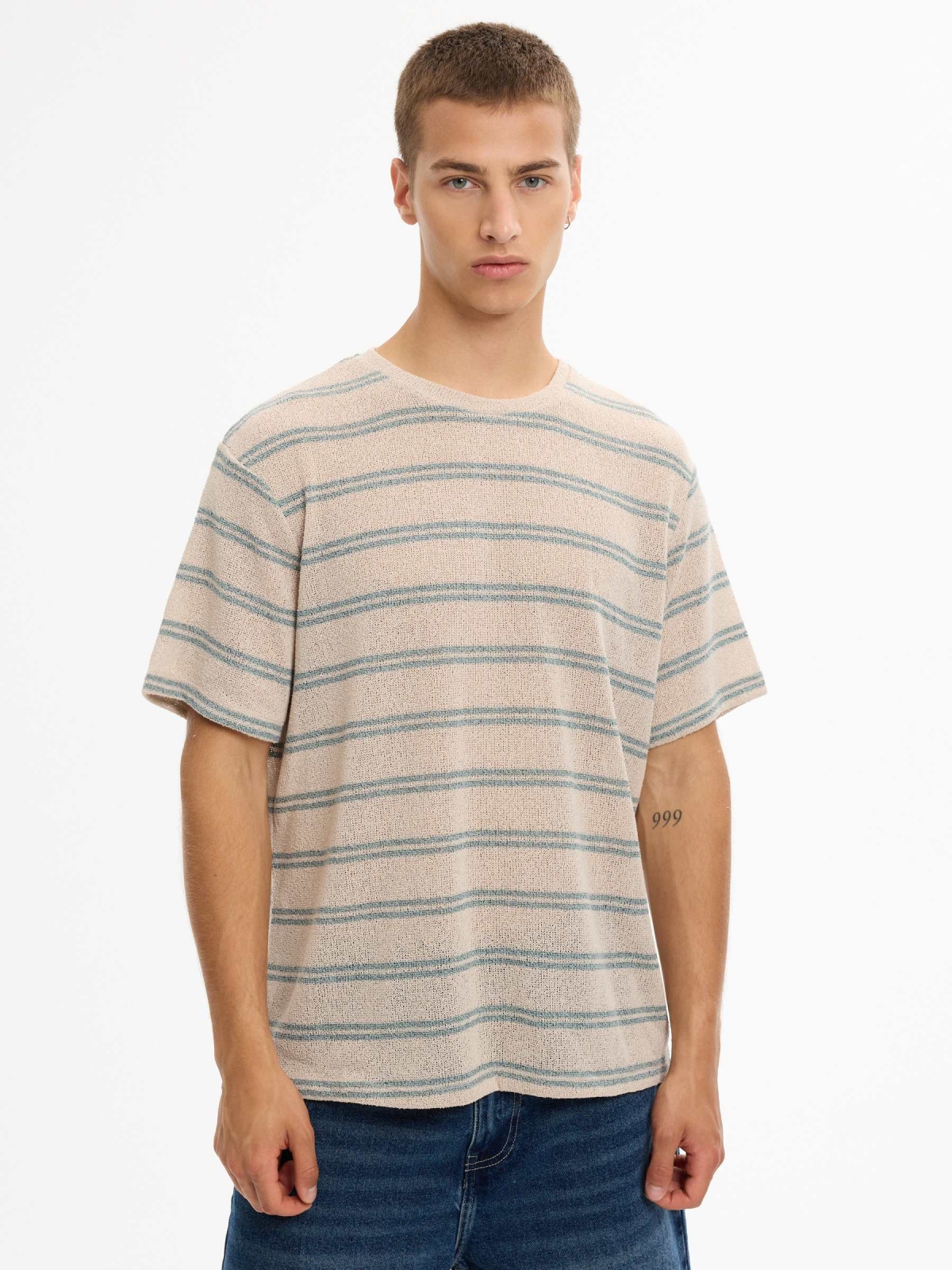 Camiseta rayas punto oversize crudo vista media frontal