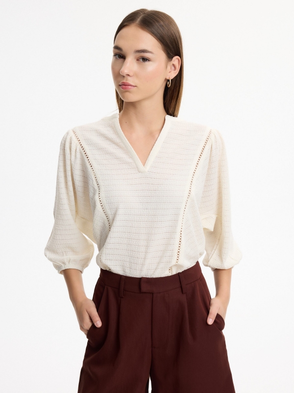 T-shirt with mandarin collar and lace insertion raw middle front view