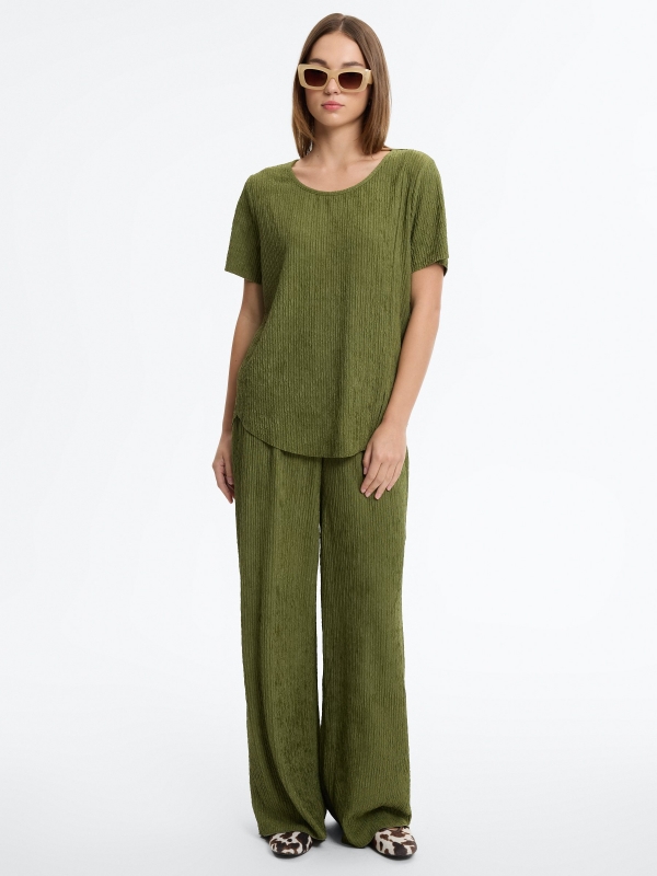Pantalón fluido textura tiro alto verde vista general frontal