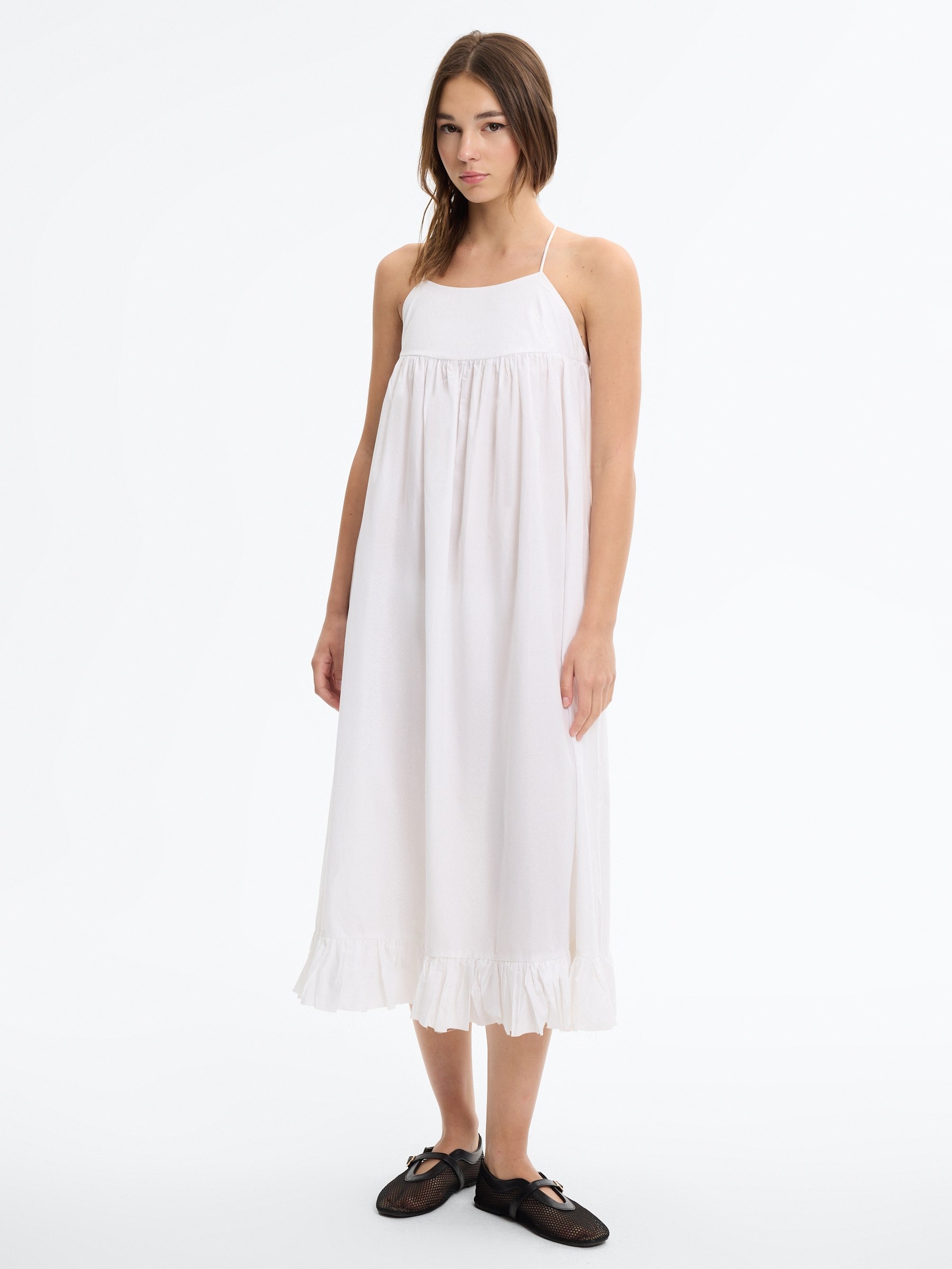 Vestido maxi de popeline com babados branco vista meia frontal