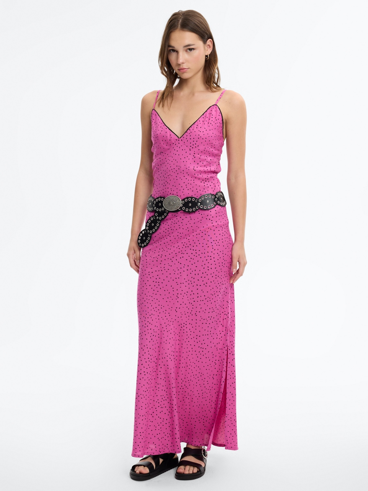 Maxi polka dot viscose dress fuchsia middle front view