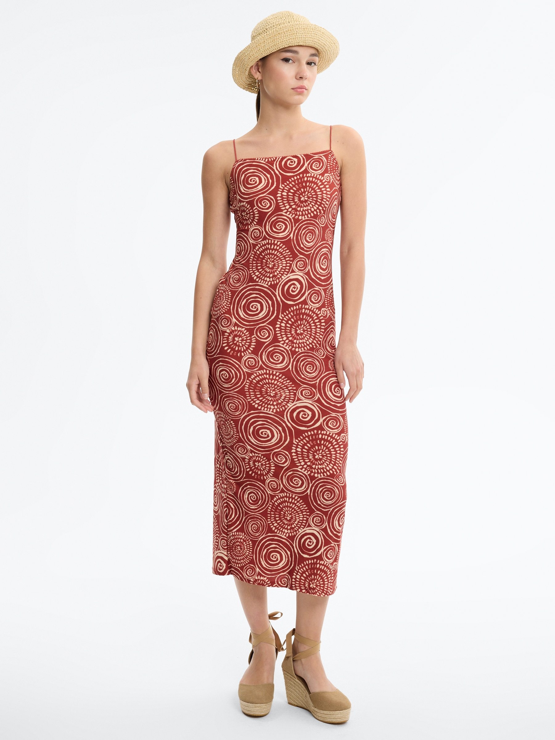 Printed cut-out midi dress brick red middle front view