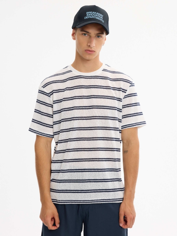 Oversized striped knit T-shirt white middle front view