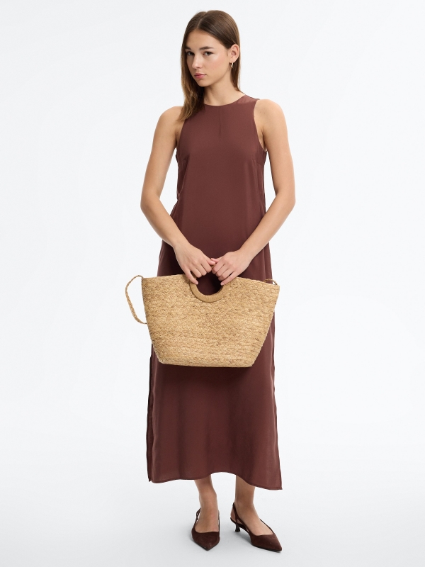 Plain maxi dress with slit chocolate detail view