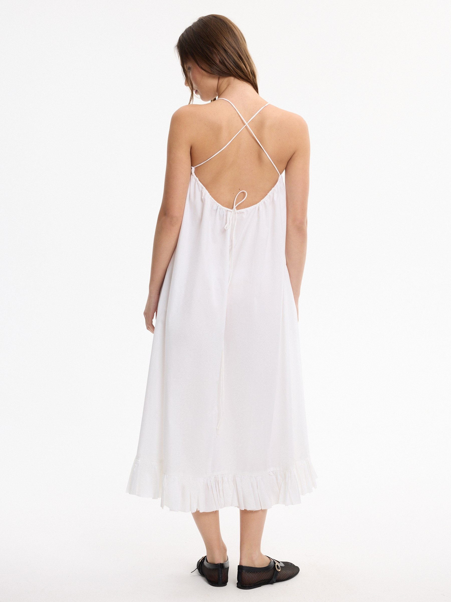 Vestido maxi popelín con volantes blanco vista media frontal