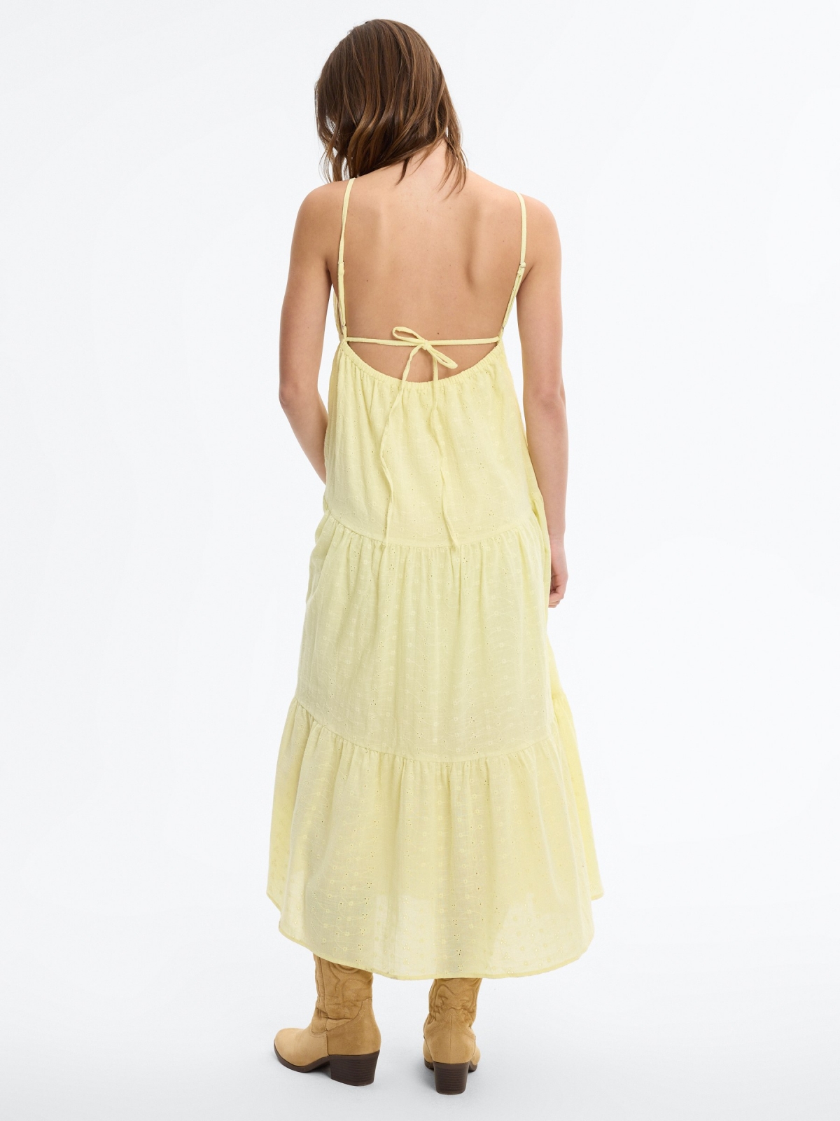 Swiss embroidered maxi dress with straps pastel yellow middle back view