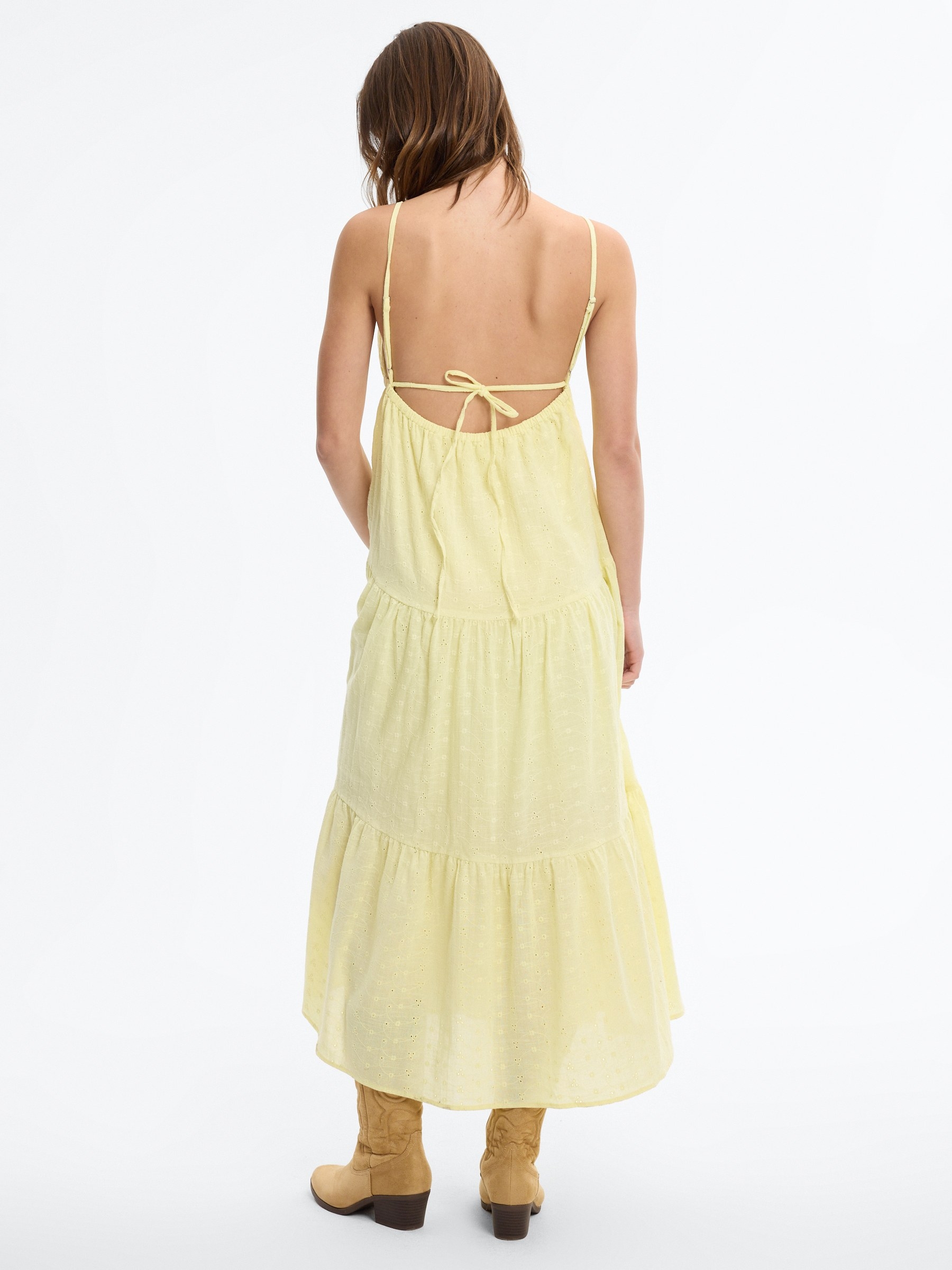 Swiss embroidered maxi dress with straps pastel yellow middle front view