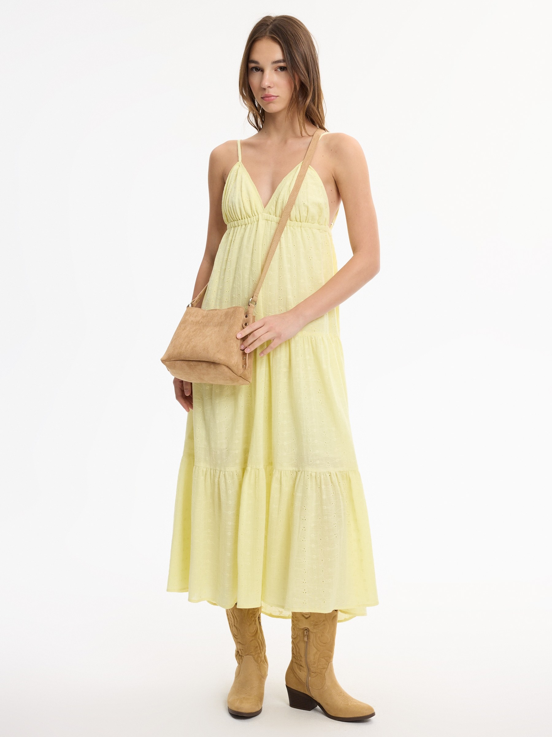 Swiss embroidered maxi dress with straps pastel yellow middle front view