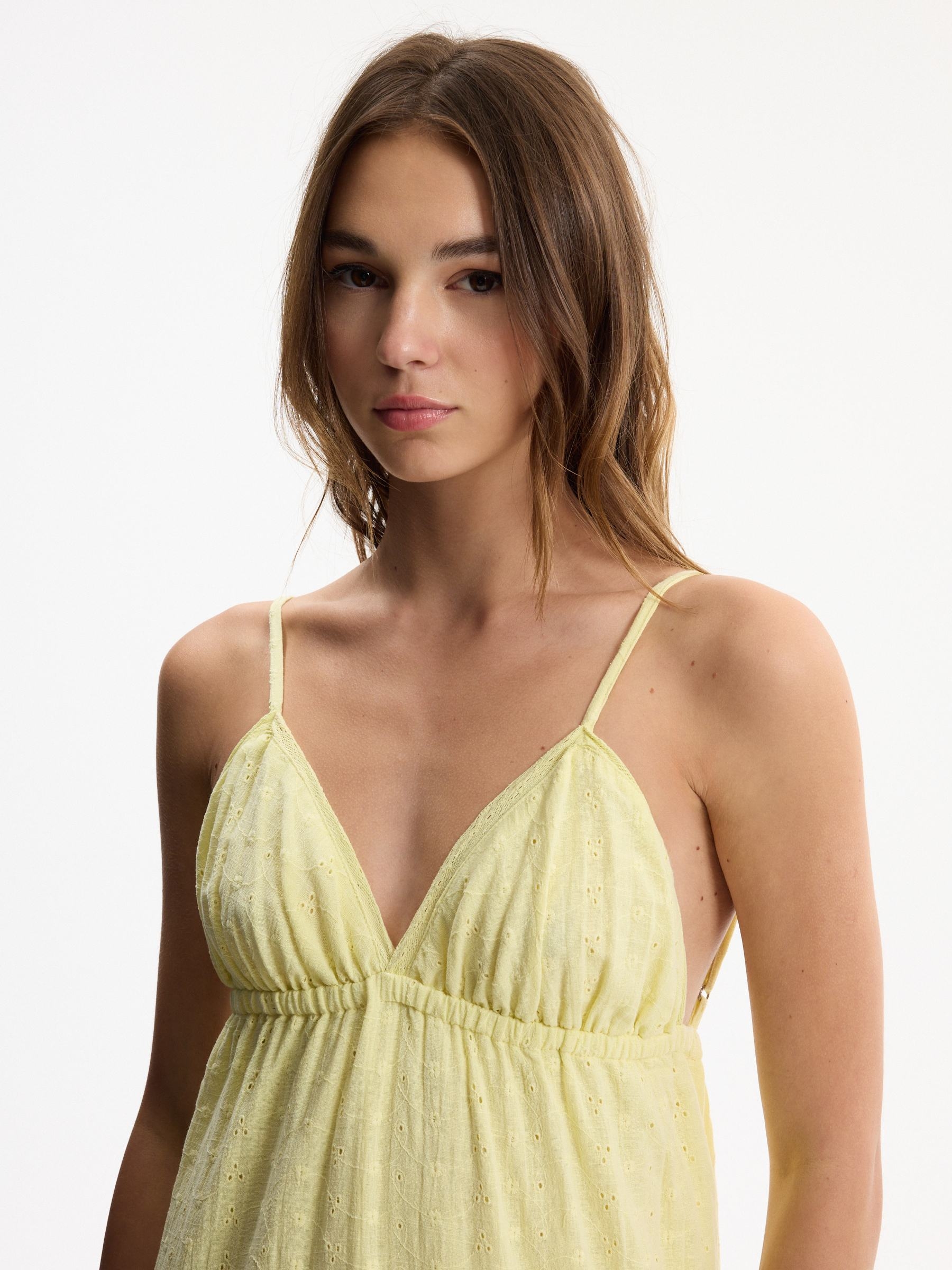 Swiss embroidered maxi dress with straps pastel yellow middle front view