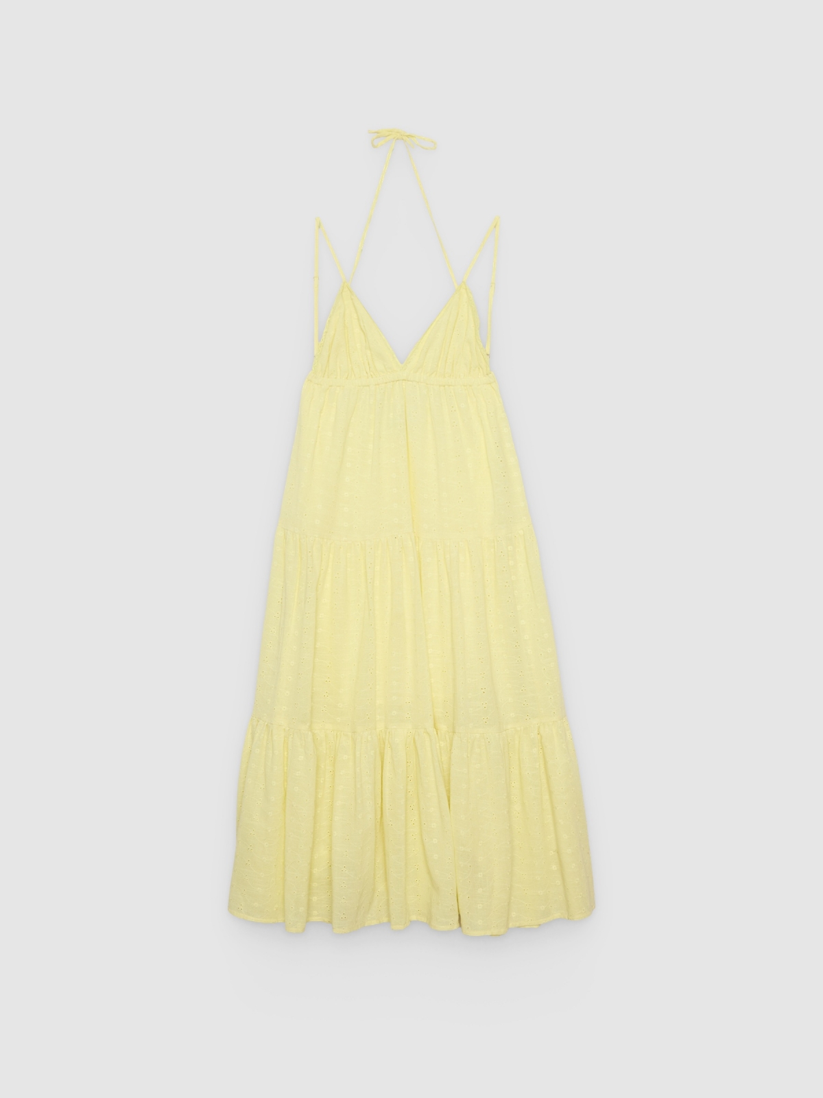 %Pto% Vestido maxi bordado suizo tirantes amarillo pastel vista frontal