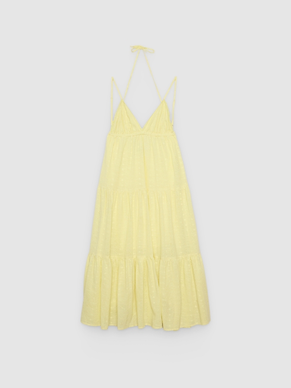 %Pto% Vestido maxi bordado suizo tirantes amarillo pastel vista frontal