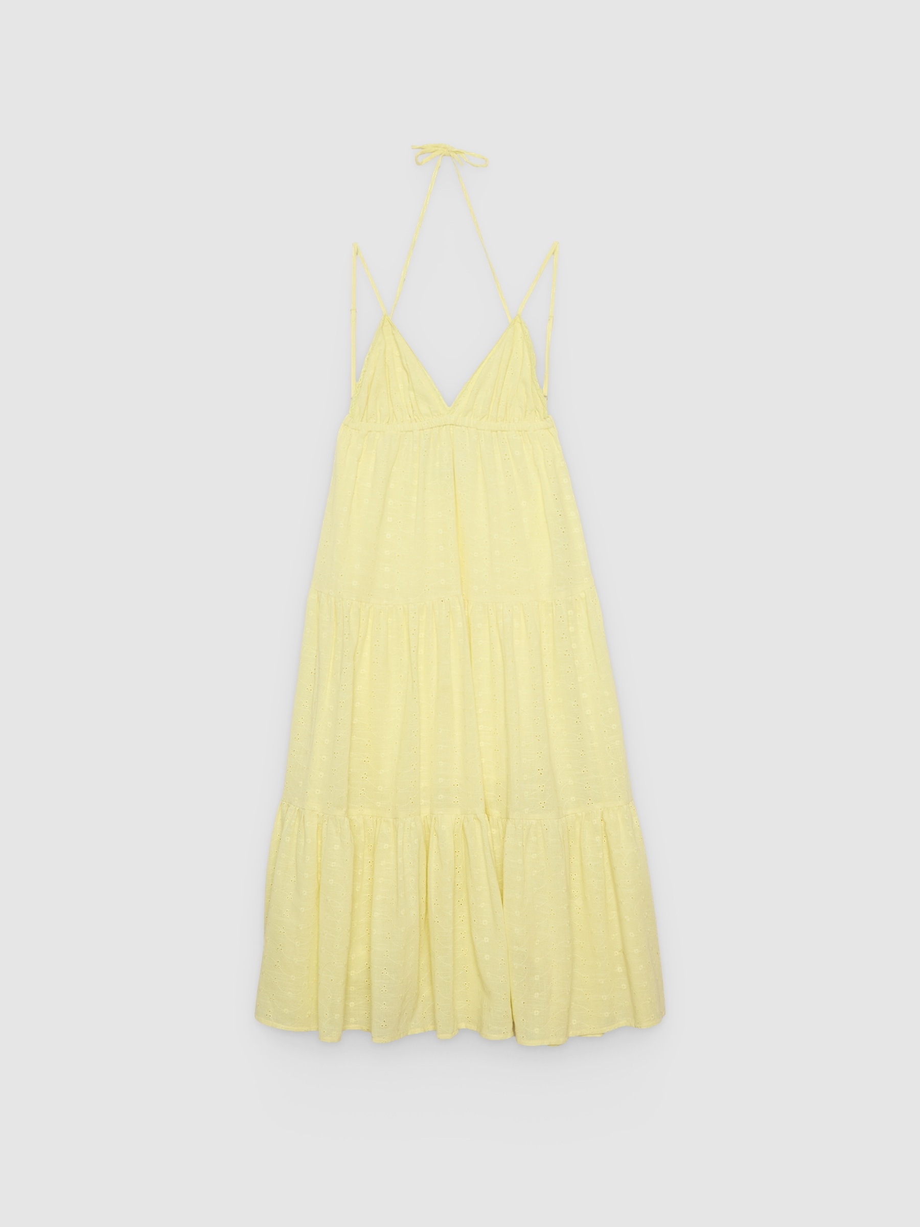 Vestido maxi bordado suíço alças amarelo pastel vista meia frontal