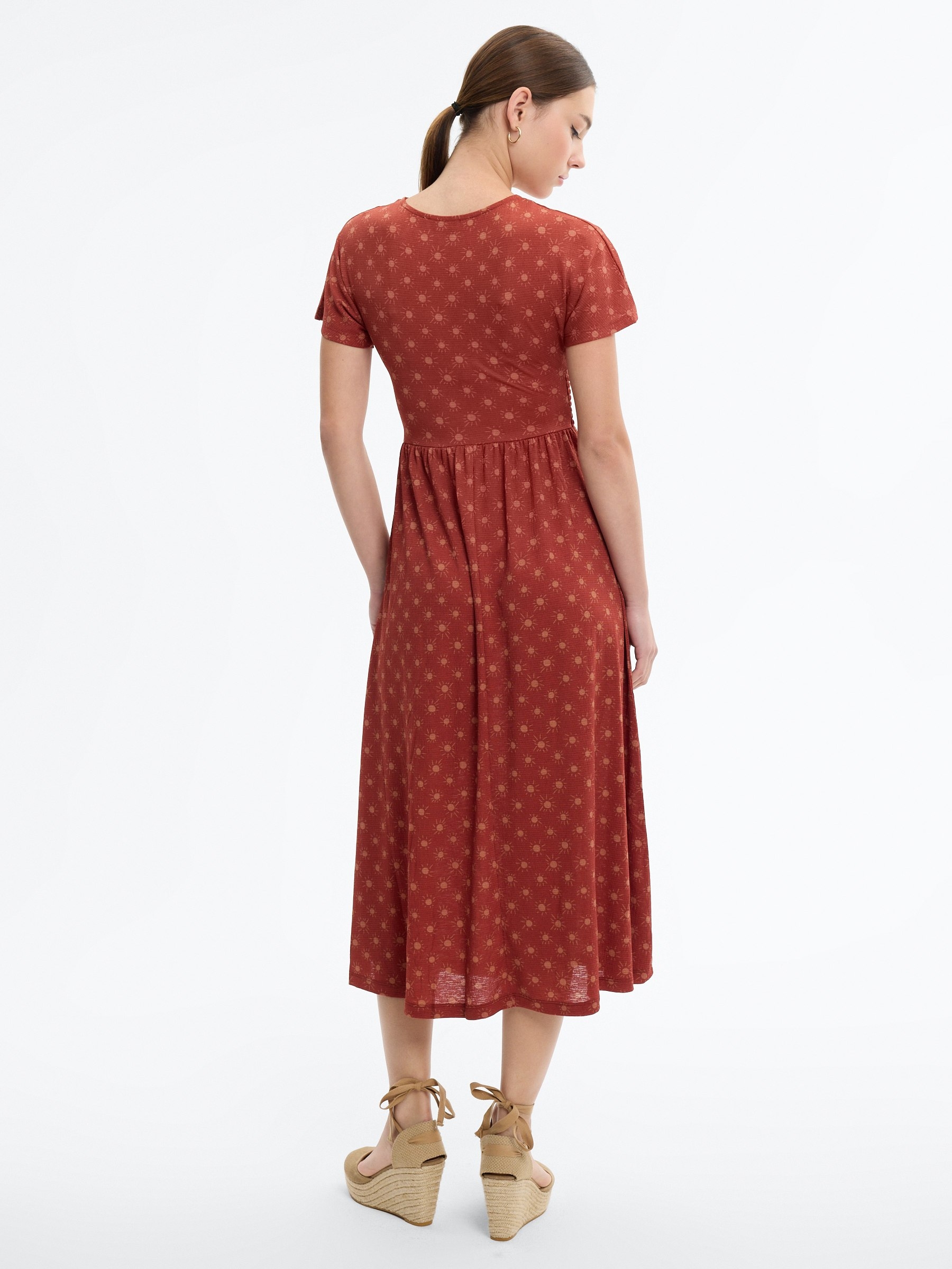 Printed smocked midi dress brick red middle front view