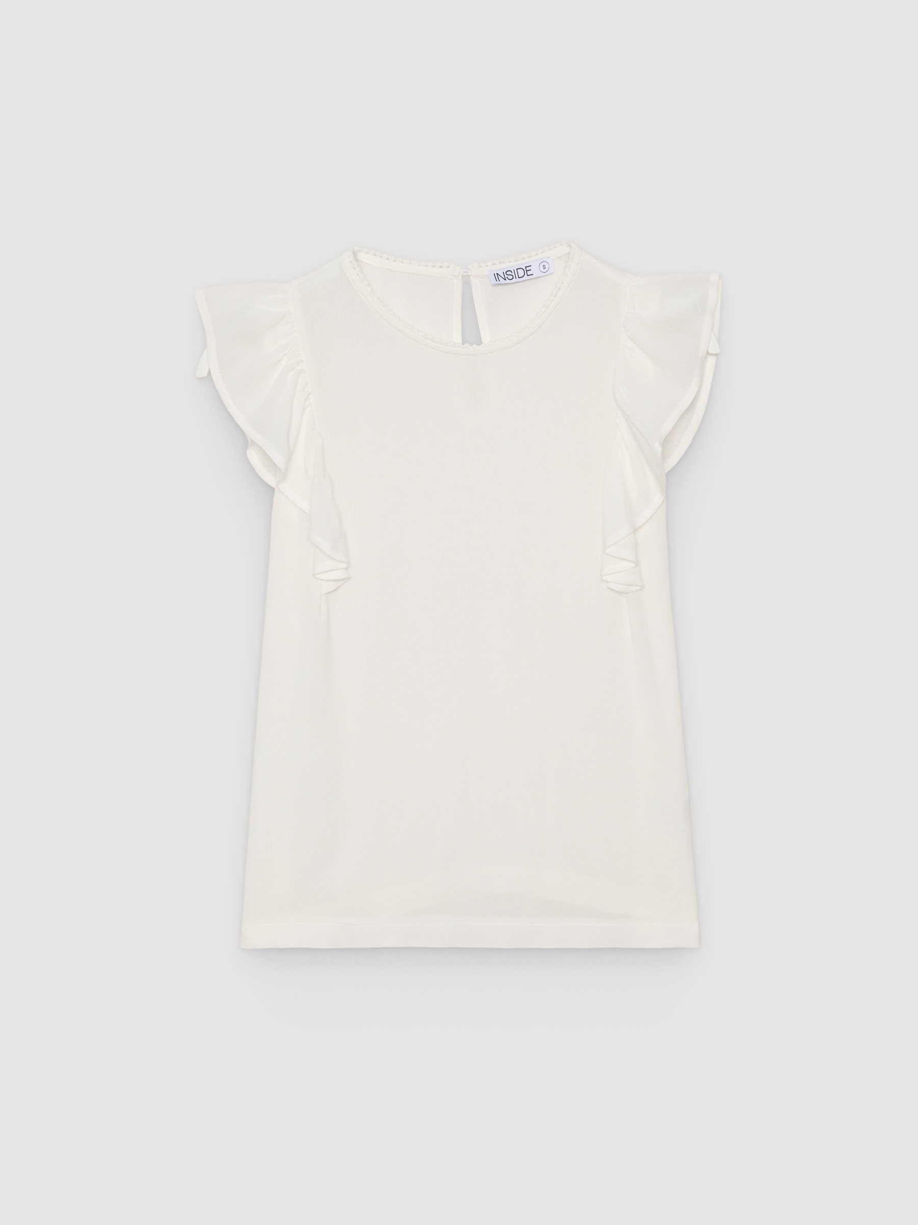 Camiseta sem mangas de viscose com babados branco vista meia frontal