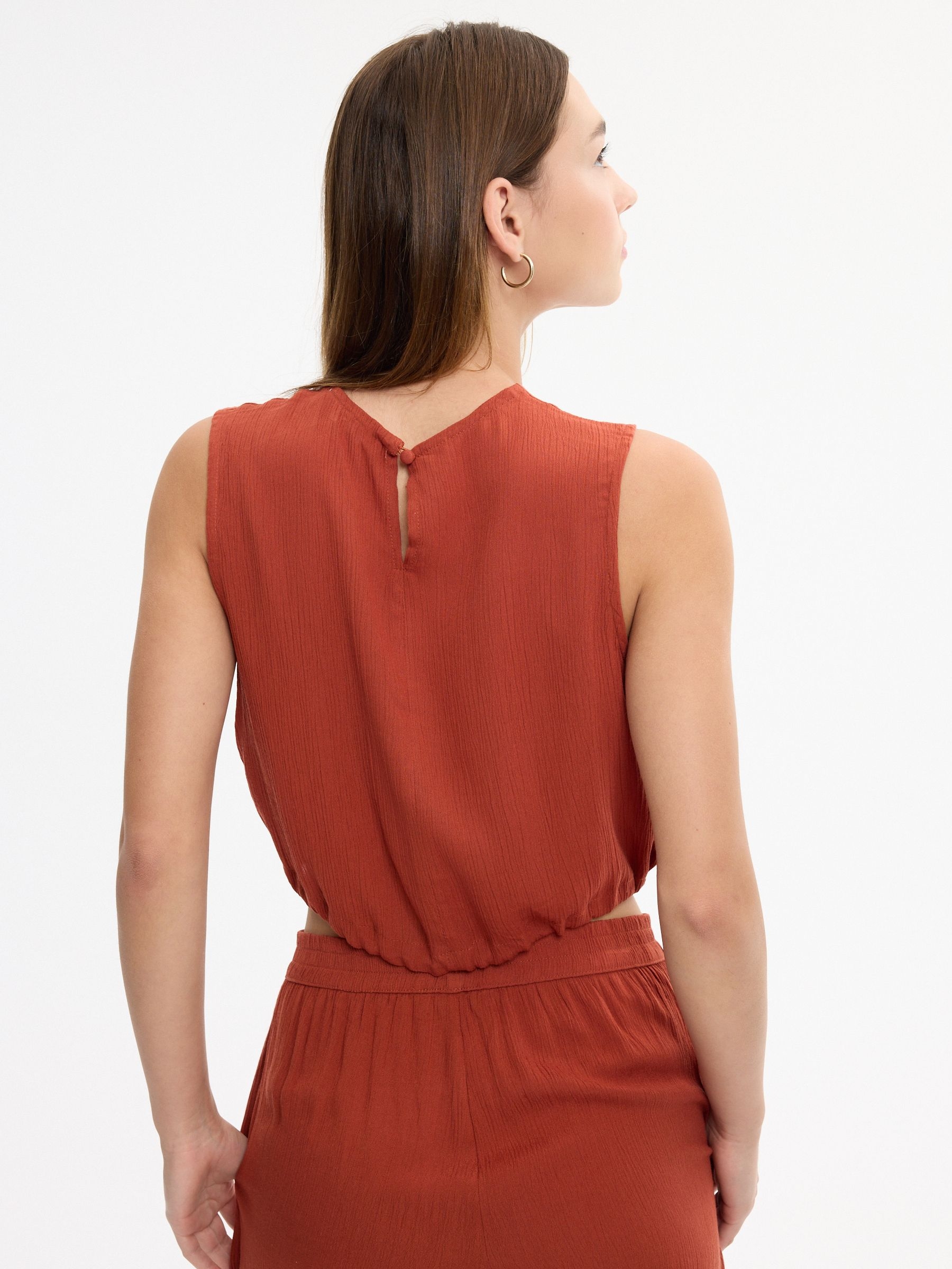 Crop bambula blouse with ties brown middle front view