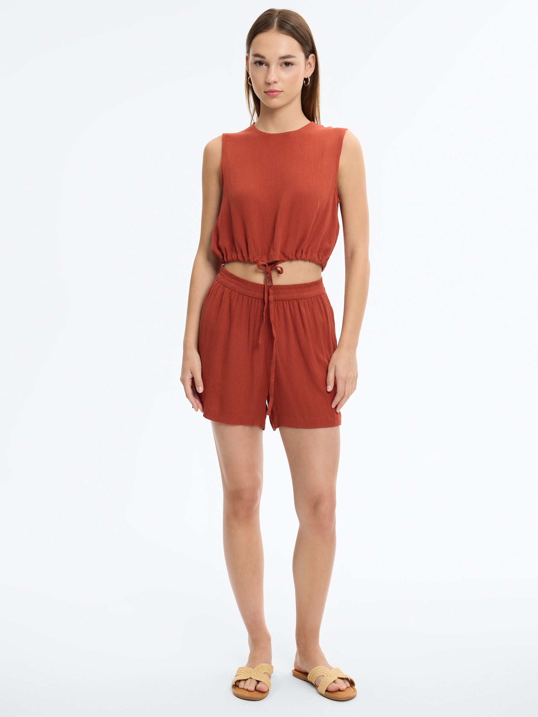 Crop bambula blouse with ties brown middle front view