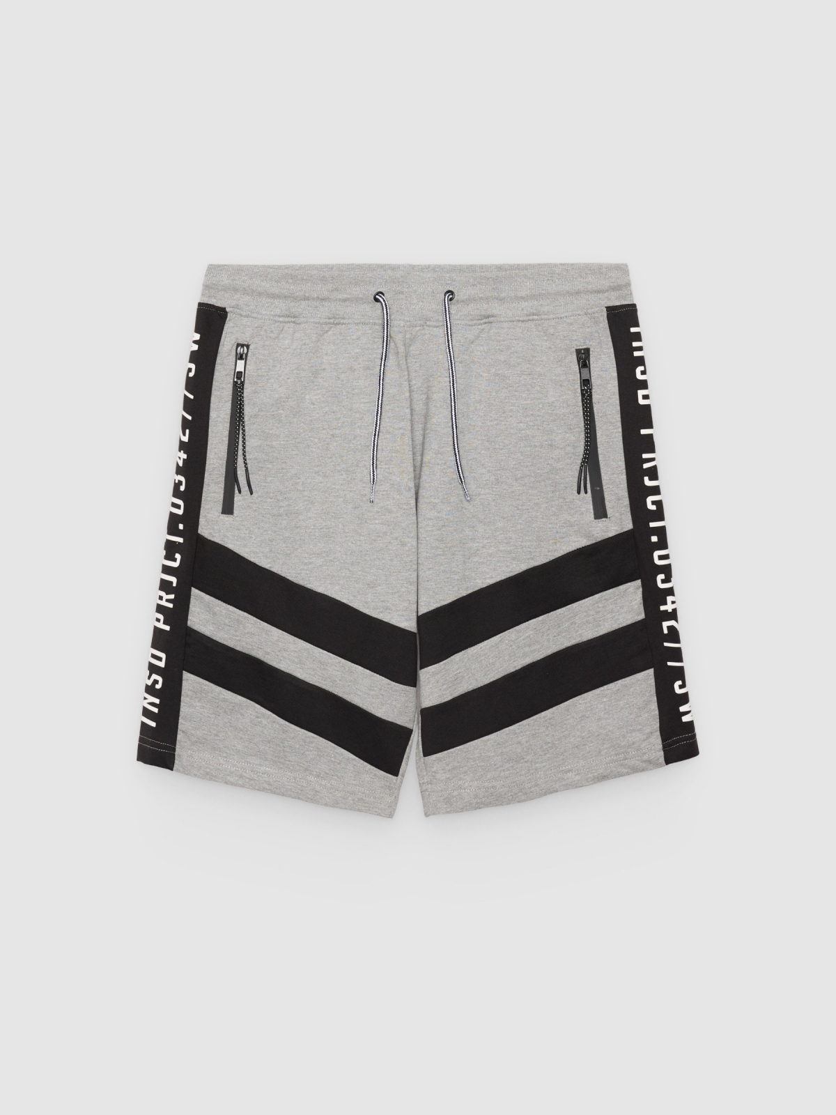 %Pto% Calça de moletom Bermuda com faixas cinza melange vista frontal