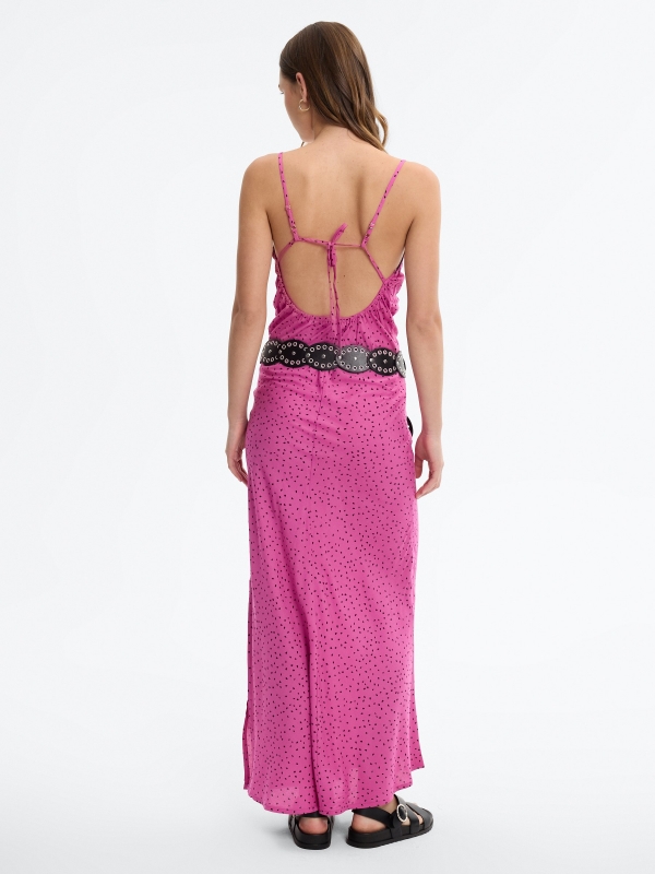 Vestido maxi de bolinhas em viscose fúcsia vista meia traseira