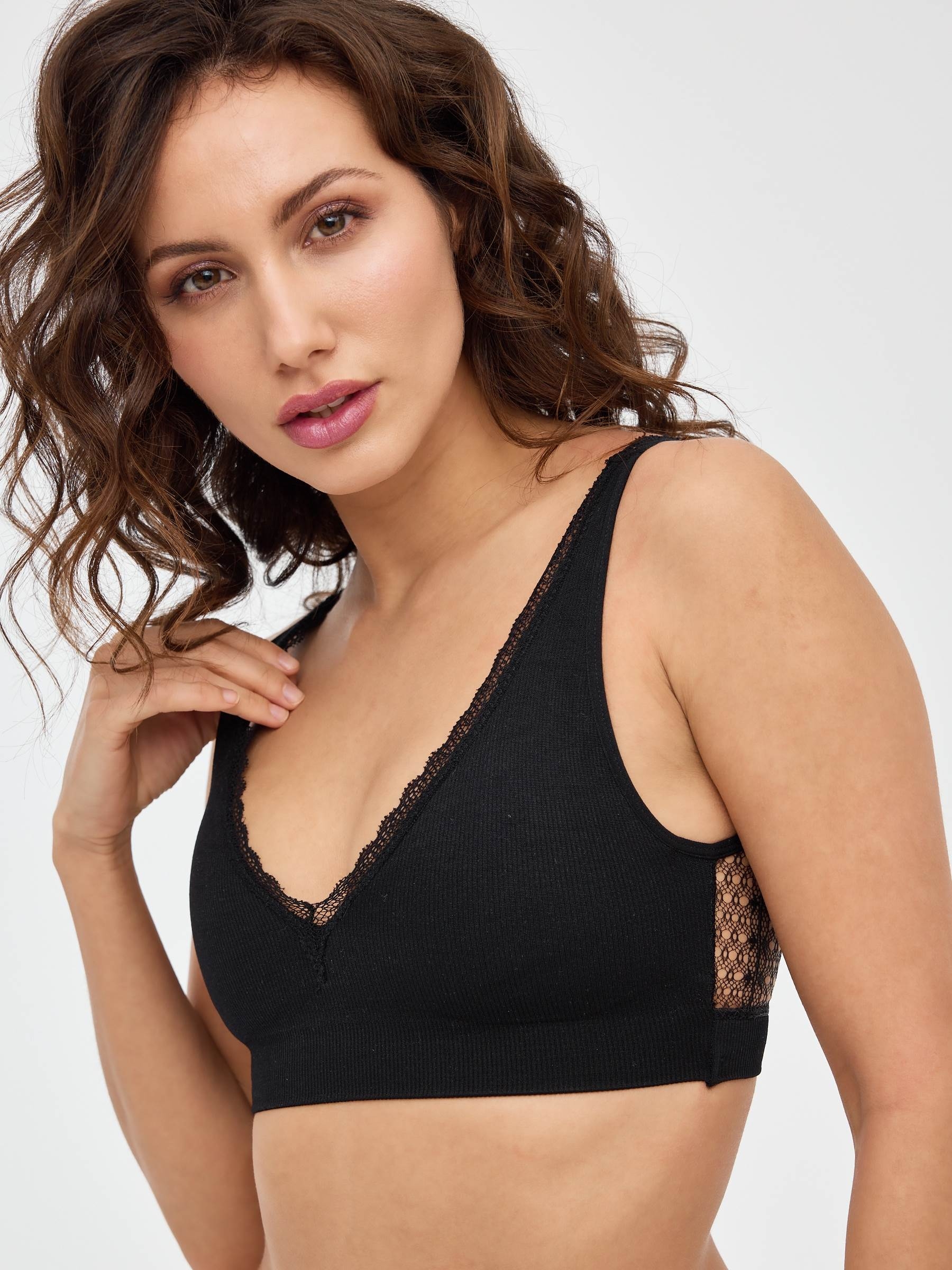 Rib bra with lace black front view