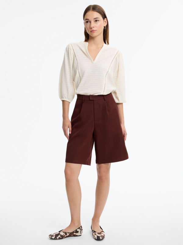 T-shirt with mandarin collar and lace insertion raw front view