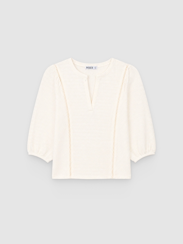  T-shirt with mandarin collar and lace insertion raw front view